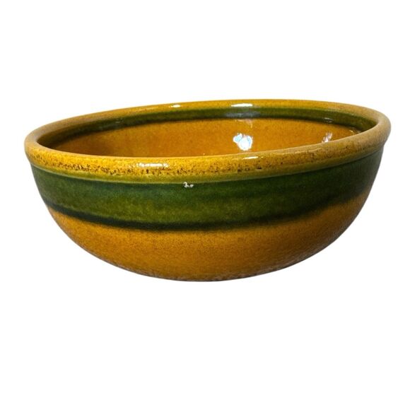 Landert 20 Two Tone Mustard Yellow Green Stripe Fondue Casserole Stoneware Pot - Picture 6 of 11